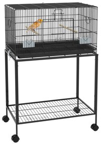 PawHut Colivie pentru Pasari cu Rotile 77x46x119 cm Cusca Metalica pentru Pasari cu Tava Detasabila 2 Suporturi 2 Hranitoare Negru | Aosom Romania
