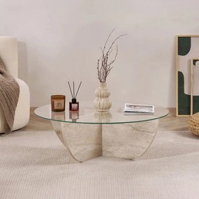Masuta cafea LIYA, bej cu efect de piatra travertin, sticla/PAL, 90x90
