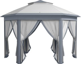Outsunny Pavilion pliabil 4 x 4m, design hexagonal, perdele din plasă, rezistent la apă, acoperiș ventilat, Gri+Alb | Aosom Romania