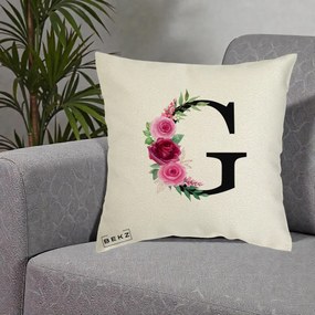 Cadou Personalizat - Perna Personalizata Monograma Florala Litera G, 40x40 cm, Ecru, Husa Detasabila, Perna Inclusa, BEKZ®