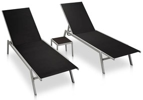 Sezlonguri de plaja cu masa, 2 buc., negru, otel &amp; textilena