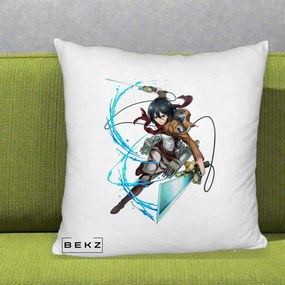 Perna Personalizata Attack on Titan Mikasa Ackerman Lupta, 40x40 cm, Alb Pufos, Husa Detasabila, Perna Inclusa, BEKZ®