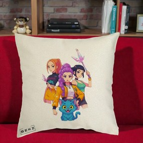 Perna Personalizata K-pop HUNTRX Trio cu Pisica si Cristale, 40x40 cm, Ecru, Husa Detasabila, Perna Inclusa, BEKZ®
