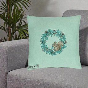 Perna Decorativa Coroana Turcoaz cu Veverita, 40x40 cm, Verde Menta, Husa Detasabila, Perna Inclusa, BEKZ®