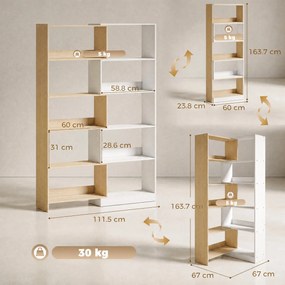 HOMCOM Bibliotecă de Colț cu 5 Polițe, Design Rotativ 350°, Lemn/Alb | Aosom Romania