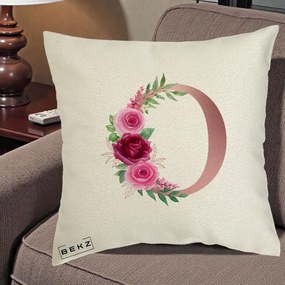 Cadou Personalizat - Perna Personalizata Monograma Rose Gold Litera O, 40x40 cm, Ecru, Husa Detasabila, Perna Inclusa, BEKZ®