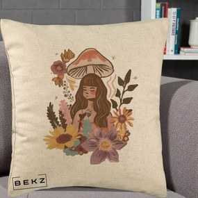 Perna Decorativa Fata Ciuperca Boho Florala, 40x40 cm, Bej, Husa Detasabila, Perna Inclusa, BEKZ®