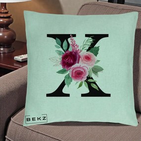 Cadou Personalizat - Perna Personalizata Monograma Florala Litera X cu Buchet, 40x40 cm, Verde Menta, Husa Detasabila, Perna Inclusa, BEKZ®