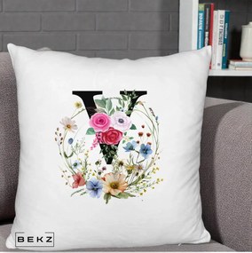 Cadou Personalizat - Perna Personalizata Monograma Florala Litera V cu Coroana, 40x40 cm, Alb Pufos, Husa Detasabila, Perna Inclusa, BEKZ®