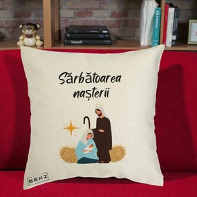 Perna Decorativa Nasterea Domnului Sfanta Familie Sarbatoarea Nasterii, 40x40 cm, Ecru, Husa Detasabila, Perna Inclusa, BEKZ®