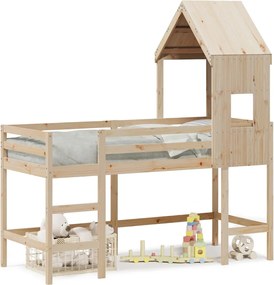 vidaXL Pat etajat cu scară și acoperiș, alb, 90x200 cm, lemn masiv pin