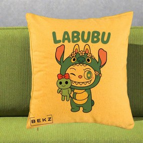 Perna Personalizata Labubu x Stitch cu Flori, 40x40 cm, Galben, Husa Detasabila, Perna Inclusa, BEKZ®