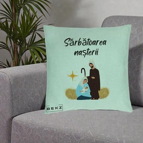 Perna Decorativa Nasterea Domnului Sfanta Familie Sarbatoarea Nasterii, 40x40 cm, Verde Menta, Husa Detasabila, Perna Inclusa, BEKZ®