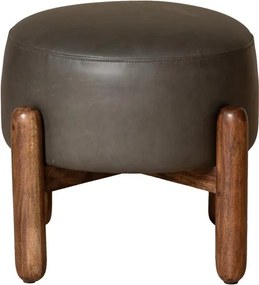 Taburet din piele naturală gri, cu cadru din lemn de acacia și mango, formă rotundă, finisaj natural, 43×56 cm, „Olga"