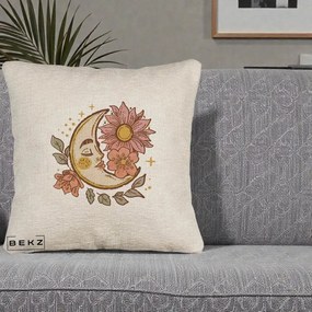 Perna Personalizata Luna Boho Chip Floral, 40x40 cm, Bej Canapea, Husa Detasabila, Perna Inclusa, BEKZ®