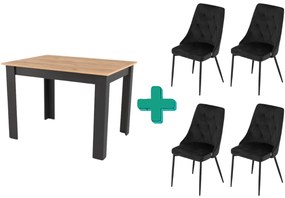 Set de sufragerie 1+4, masa neagra cu decor stejar auriu MADO 120x80cm si scaun de sufragerie din catifea neagra IMOLA