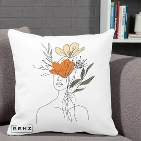 Perna Decorativa Portret Feminin Coroana Florala, 40x40 cm, Alba Mata, Husa Detasabila, Perna Inclusa, BEKZ®
