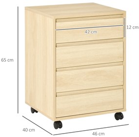 HOMCOM Sertar de birou depozitare birou pe roți 4 sertare glisante din lemn aspect natural de lemn | Aosom Romania