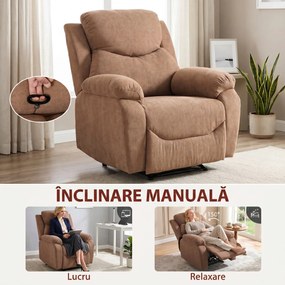HOMCOM Fotoliu Reclinabil Manual cu Material cu Aspect de In, Suport pentru Picioare și Cotiere Căptușite, Maro Închis | Aosom Romania