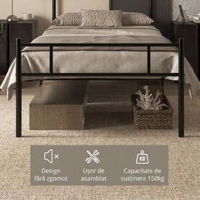 Structura Pat HOMCOM, 1 loc din Otel 900x200cm, Sipci Integrate, Tetiera si Tablie, Negru | Aosom Romania