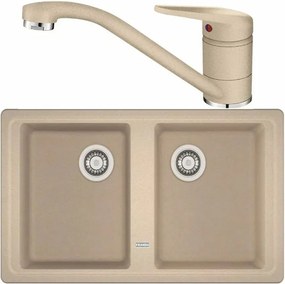 Set chiuveta bucatarie compozit Franke Basis Avena 2 cuve fara picurator 86x50 cm finisaj bej mat cu baterie Novara Plus