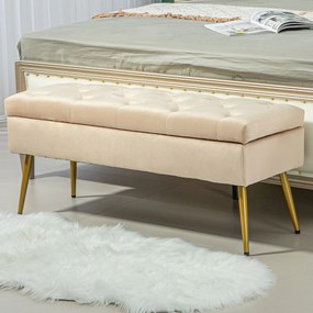 HOMCOM Bancă de depozitare în aspect de catifea, Hocker căptușit cu design căptușit, Cadru metalic, 102 x 35 x 43 cm, Bej | Aosom Romania