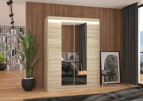 Dulap cu usi glisante si oglinda + iluminare LED, Iness 150 + LED, 150 cmx200 cmx58 cm, ADRK Furniture (Culoare: Trufă)