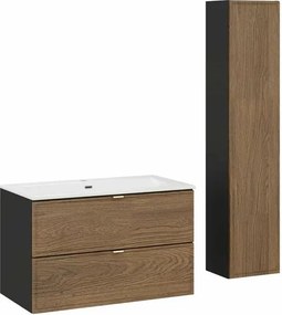 Set dulap baza suspendat 80 cm cu lavoar si dulap coloana Comad Talia negru mat si stejar Casella
