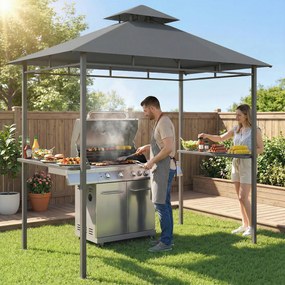 Outsunny Pavilion pentru grătar 2,4 x 1,4 m, Copertină pentru grătar rezistentă la vânt cu acoperiș dublu și orificiu de ventilare, rafturi laterale | Aosom Romania