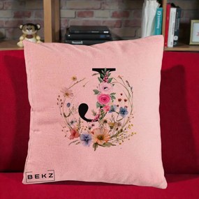 Cadou Personalizat - Perna Personalizata Monogram Litera J cu Flori Acuarela, 40x40 cm, Roz, Husa Detasabila, Perna Inclusa, BEKZ®