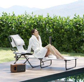 Outsunny Șezlong de grădină pliabil, spătar reglabil pe 4 niveluri, orificiu pentru lectură și suport pentru cap 72 x 194 x 89 cm crem | Aosom Romania