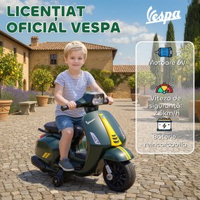AIYAPLAY Motocicletă Electrică pentru Copii cu Licență Vespa, Baterie Reîncărcabilă 6V, Roți Laterale și Lumini, Vârsta 2-6 Ani, Verde Închis | Aosom Romania