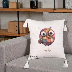 Perna Decorativa Pasare Patchwork Roz cu Floare, 40x40 cm, Bej cu Franjuri, Husa Detasabila, Perna Inclusa, BEKZ®