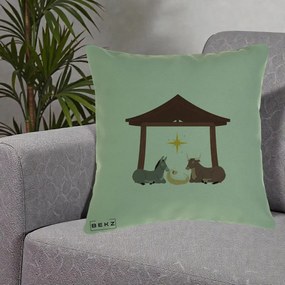 Perna Decorativa Ieslea din Betleem cu Iesle Asin si Bou, 40x40 cm, Verde, Husa Detasabila, Perna Inclusa, BEKZ®