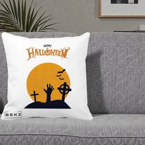 Perna Decorativa Happy Halloween Cimitir cu Luna, 40x40 cm, Alba Mata, Husa Detasabila, Perna Inclusa, BEKZ®