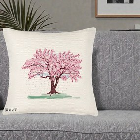 Perna Decorativa Cires Inflorit Acuarela, 40x40 cm, Crem Reliefat, Husa Detasabila, Perna Inclusa, BEKZ®