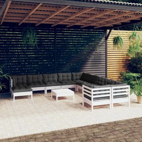 3097062 vidaXL Set mobilier grădină cu perne, 12 piese, alb, lemn de pin