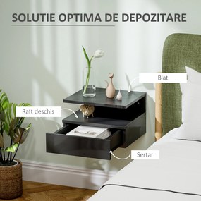 HOMCOM Noptiere Suspendate cu Sertar și Raft Superior din Lemn, 35x32x22,5 cm, Negru | Aosom Romania