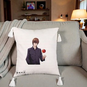 Perna Personalizata Death Note Light Yagami cu Mar, 40x40 cm, Bej cu Franjuri, Husa Detasabila, Perna Inclusa, BEKZ®