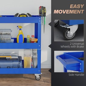 DURHAND Cărucior pentru Scule cu 3 Niveluri din Oțel cu Margini Înalte și 4 Roți Pivotante, 83 x 35.3 x 76 cm, Albastru | Aosom Romania