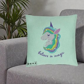 Perna Decorativa Unicorn Believe in Magic, 40x40 cm, Verde Menta, Husa Detasabila, Perna Inclusa, BEKZ®