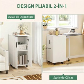 HOMCOM Mobilier pentru Masa de Călcat Pliabil cu Roți, Raft Reglabil și Închidere Soft Close, din Lemn și Material Textil, 128x43x83 cm, Alb | Aosom Romania