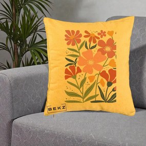Perna Decorativa Flori Grafice Roz si Terracotta, 40x40 cm, Galben, Husa Detasabila, Perna Inclusa, BEKZ®