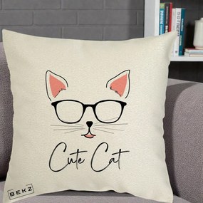 Perna Personalizata Cute Cat cu Ochelari, 40x40 cm, Ecru, Husa Detasabila, Perna Inclusa, BEKZ®