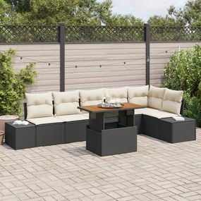 vidaXL Set de grădină 7 piese cu perne, ratan negru, lemn de acacia