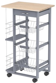 HOMCOM Carucior Bucatarie Multifunctional cu 3 Sertare Detasabile 2 Suporturi Sticle Lemn de Pin Metal 47x37x83cm Stejar Gri | Aosom Romania