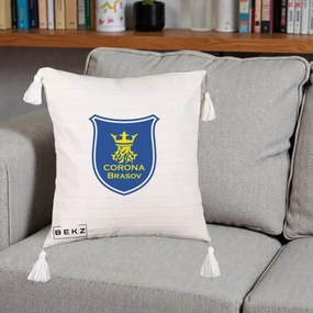 Perna Personalizata Corona Brasov Fotbal, 40x40 cm, Bej cu Franjuri, Husa Detasabila, Perna Inclusa, BEKZ®