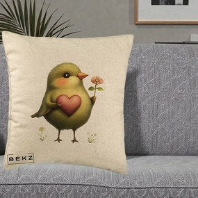 Perna Decorativa Pasare Verde cu Inima si Floare, 40x40 cm, Bej, Husa Detasabila, Perna Inclusa, BEKZ®