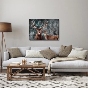 Tablou - Cerb și căprioare în pădurea înzăpezită (70x50 cm)