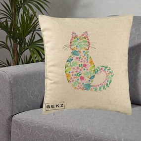 Perna Decorativa Pisica Florala Acuarela, 40x40 cm, Bej, Husa Detasabila, Perna Inclusa, BEKZ®